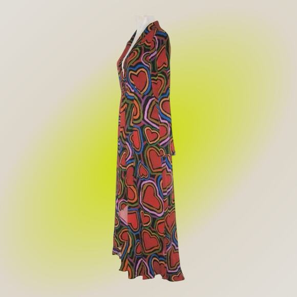 Farm Rio Rainbow Wild Hearts Maxi Dress Womens XS 0 2 Long Sleeve Red - Picture 12 of 16